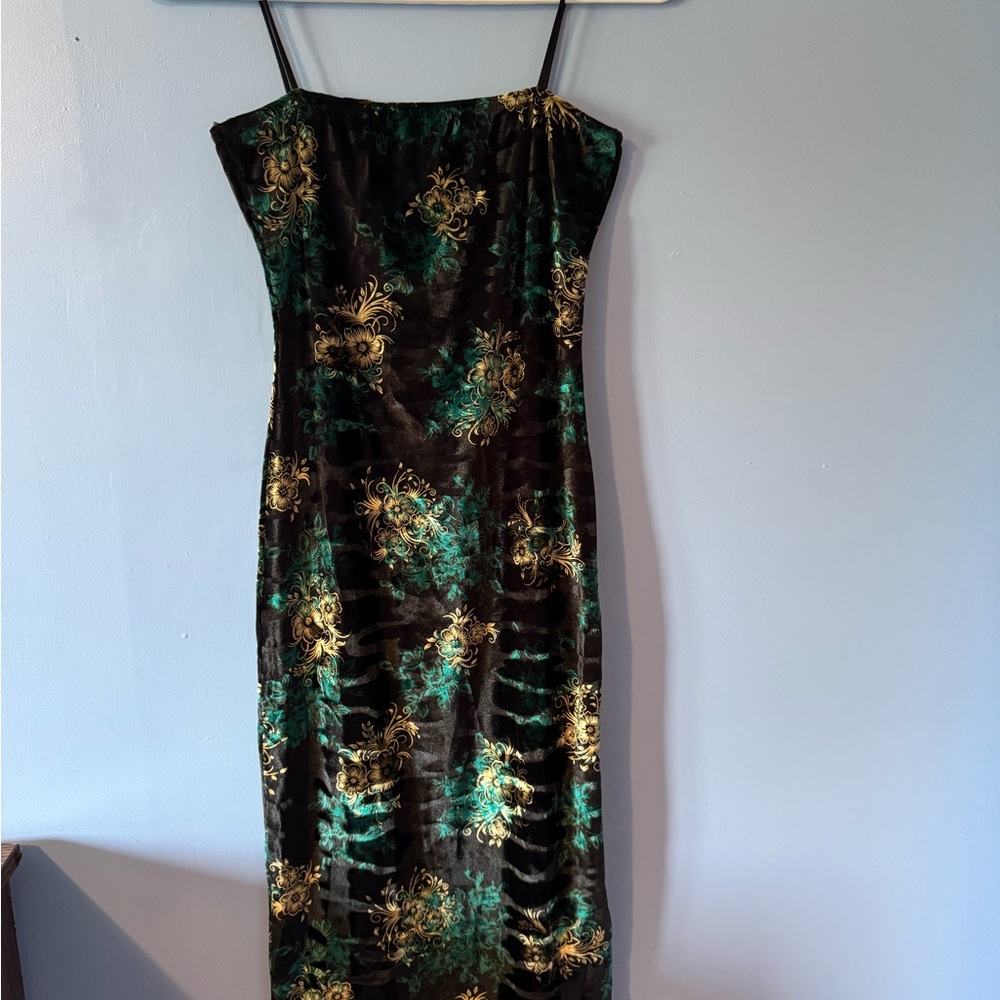 Boohoo Strapless Green and Gold Floral Dress